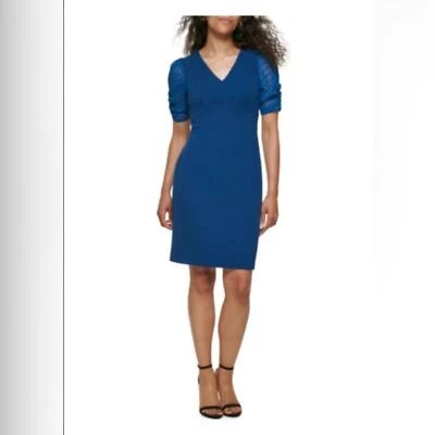 New Blue DKNY Mini Sheath Dress Puff Sleeve Polka Dot Short size 12 - Image 1 of 4