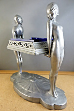 Antique Frankart Art Deco Cobalt Glass & Metal Nude Nymph Twins Card Holder Rare
