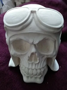 LARGE PLASTER SKULL & flying helmet (DIY) decorate crafts etc 14x11x12.5 cm - Picture 1 of 7