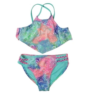 Wonder Nation Girls Swimsuit Pink Green SZ 10 Large Ruffle Scales Silver 2 Piece - Picture 1 of 13
