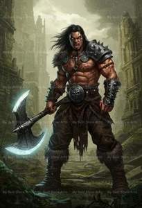 IMPRESIÓN ARTÍSTICA DE GUERRERO BÁRBARO DE FANTASÍA, póster de hacha, decoración de héroe muscular vikingo G094 - Imagen 1 de 2