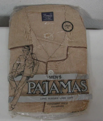 New Vtg Firenze Brown White Check Long Sleeve Long Leg Cotton Pajamas Mens L - Image 1 of 4