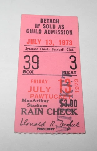 1973 Baseball Syracuse Chiefs Pawtucket Red Sox Ticket International League 7/13 Cover