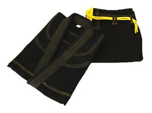 Black Jiu Jitsu Gi Black w Yellow Fashion, 100% Cotton Pearl Weave Free Shipping