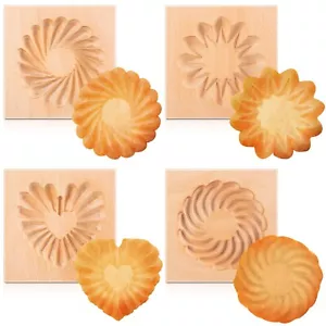 4 Pcs Carved Wooden Cookie Mold Wooden Cookie Biscuit Mold Kitchen Stamp Cook... - Picture 1 of 7