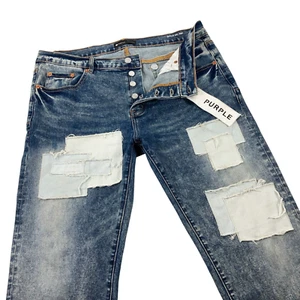 Lila Marke Droped Fit Slim Leg Jeans Herren Größe 30 Mid Rise Patches Neu mit Etikett P002 - Bild 1 von 12