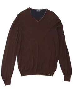 MASSIMO DUTTI Mens V-Neck Jumper Sweater Large Brown Striped Cotton BB10 - Picture 1 of 3