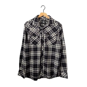 Rock Roll N Soul Flannel Shirt Black Plaid Embroidered Skull Pearl Snap Mens LG - Picture 1 of 11