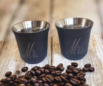 2 Pack Black Stainless Steel Espresso Cups - Double Wall Shot Glass Set Mr & Mrs - Image 1 of 4