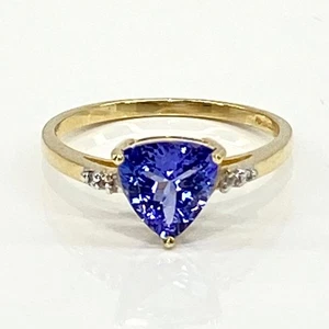 Tanzanite Diamond Ring 9ct Yellow Gold -Trillion Cut Stone - 1.78gr -Size N 1/2 - Picture 1 of 7