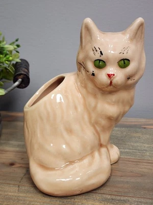 Vintage Brush McCoy Beautiful Sitting Cat Planter Green Eyes 5.5” - Image 1 of 4