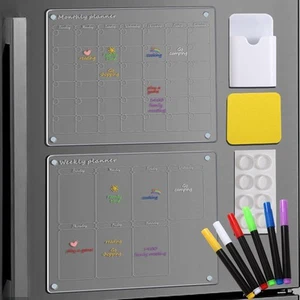 Magnetic Fridge Calendar Weekly Monthly Clear Dry Wipe Reusable 12"x16" & 6 Pens - Picture 1 of 9