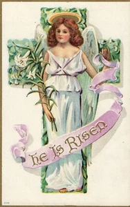 206 Gold Metallic He Has Risen Easter Angel Easter Blessings Postcard - Picture 1 of 2