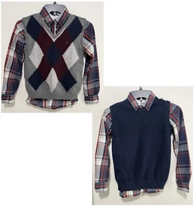 Boys Blarney Vest Gray Matching LS Button Down Dark Red Blue White Plaid Size 9 - Picture 1 of 9