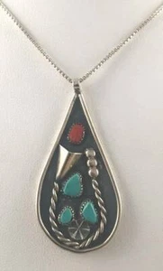 STRIKING NAVAJO B ETSITTY TURQUOISE & CORAL STERLING SILVER PENDANT/NECKLACE 20" - Picture 1 of 8