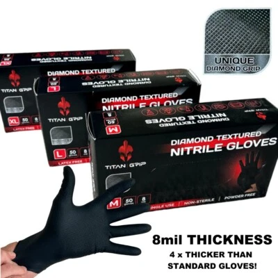 TITAN GRIP BLACK NITRILE GLOVES 8 MIL EX STRONG PPE TATTOOIST MECHANIC LATEX & POWDER FREE