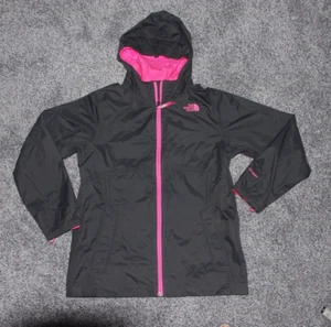 The North Face Girls Jacket 14 - 16 L? HyVent Hooded Shell Rain Black Pink Coat - Picture 1 of 6