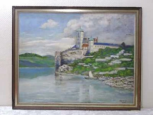 Ölbild Gemälde signiert - Vintage - See Burg Boot - Bild 1 von 8
