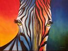 Rainbow Zebra. An acrylic painting by Susan Gaunt