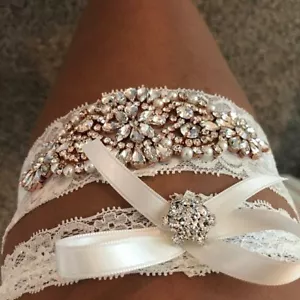 Non-Slip Wedding Garter Set with Rose Gold Accented Jewels- IVORY Lace - Picture 1 of 1