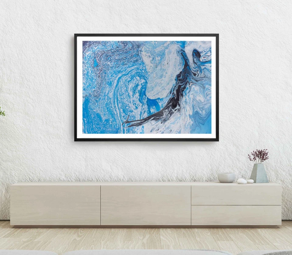 Marbling Texture Print, Wall Art, Blue Abstract Framed Paint Wall Art, Painting - Image 1 of 1