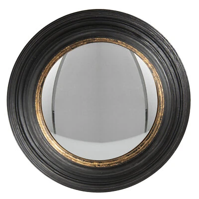 Antiqued Black Round Convex Fisheye Porthole Mirror Gold Distress Rim 38cm  - Image 1 of 2