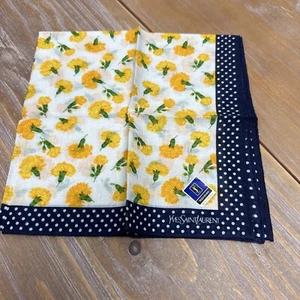 Men HANDKERCHIEF YSL Yellow Flower Blue Beige POCKET SQUARE COTTON 18” - Picture 1 of 2