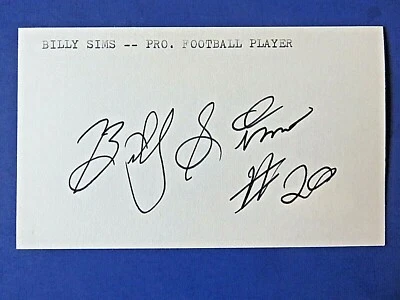 BILLY SIMS #20 SIGNED 3x5 INDEX CARD Detroit Lions FOOTBALL AUTOGRAPH ~ JSA COA - Image 1 of 2