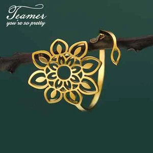 Teamer filigran Yoga Lotus Blume Edelstahl Ring Damen offen verstellbar - Bild 1 von 8