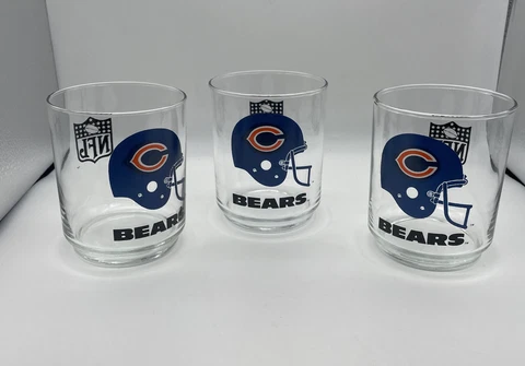Vintage CHICAGO BEARS NFL GLASSES Set of 3 Payton/Ditka ERA Whiskey Tumbler Cover