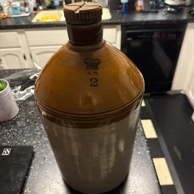 Primitive Brown & Tan Crock Stoneware Two Gallon Pottery Jug 17.5” Tall - Image 1 of 4