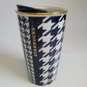 Starbucks 2015 vaso de cerámica pata de gallo azul de doble pared tapa de taza de viaje de 12 oz - Imagen 1 de 14