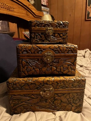 Carved Wood Stacking Boxes Set of 3 Phoenix Floral Jewelry Trinket - Image 1 of 3