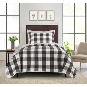 Mainstays Set Trapunta Reversibile 5 Pezzi Bufalo Check con Lenzuola Grigio Morbido, Doppia - Foto 1 di 17