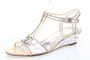 Womens CHANEL 163114 Beige Silver PVC / Patent Leather Wedge Sandals sz. 38.5 - Picture 1 of 7