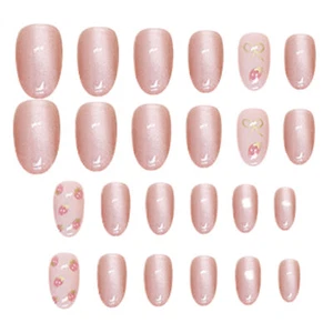 24x Press on Nails Short Cat Eye Glossy Pink Glitter False Nails Glue On Nails - Bild 1 von 12