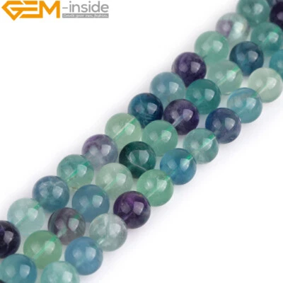 Round Rainbow Fluorite Healing Natural Stone Loose Beads Jewelry Making 15" - Image 1 of 4