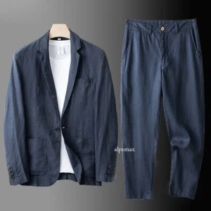 2 Pc Set Men One Button Suit Cotton Linen Causal Blazer Pants Coat Jacket Summer - Picture 1 of 27
