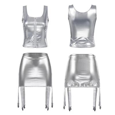 Sexy Prendas para club nocturno de cuero para mujer de EE. UU. 2 piezas Prendas para el torso corto con cremallera frontal con falda Foto 1 de 4