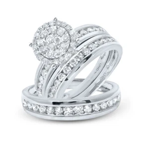 14kt White Gold His Her Diamond Cluster Matching Bridal Wedding Ring Set 1-1/2 - Picture 1 of 1