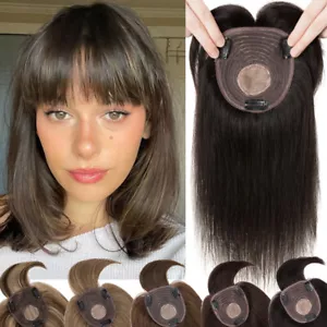 Clip In 100% Remy Human Hair Topper Hairpiece Toupee with Bangs Silk Base USA - Picture 1 of 15