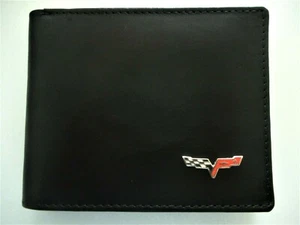 Corvette C6 Top Grain Leather Bi Fold Mens Black Wallet RFID Protected - Picture 1 of 2