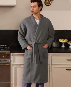 Savile Row Company Men's Luxury Lightweight Grey Cotton Waffle Dressing Gown - Picture 1 of 5