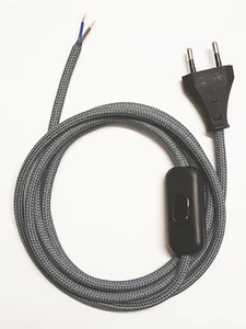 Cavo tessile linea di alimentazione 2 fili cavo di collegamento 2x0,75 spina interruttore grigio 3m - Foto 1 di 5