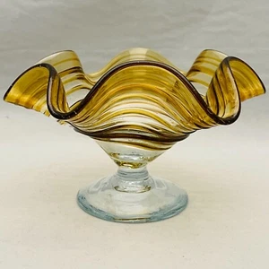 Murano Art Glass Yellow Swirl Pedestal Compote 4.25"t x 6.5"w Italy Hand Crafted - Picture 1 of 8