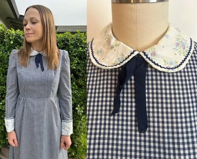 BLACK LABEL GUNNE SAX Maxi Dress Navy GINGHAM Peter Pan Collar HIPPIE VICTORIAN - Image 1 of 4