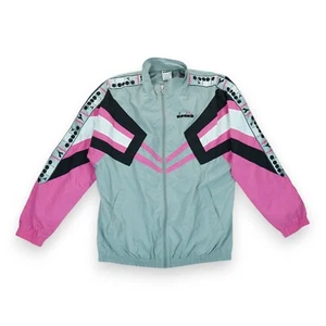 Diadora Men's MVB Windbreaker Gray Pink Full Zip Retro Jacket, Size L High Rise - Picture 1 of 9