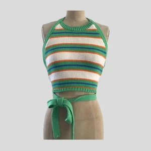 Zara grün weiß gestreift Baumwolle Cropped Rückenfrei Strick Neckholder Top - S - Bild 1 von 6
