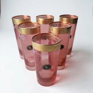 6 Cristalleria Fratelli Fumo Cranberry Hi Ball Glasses Crystal 24K Gold Rim VGC - Bild 1 von 7