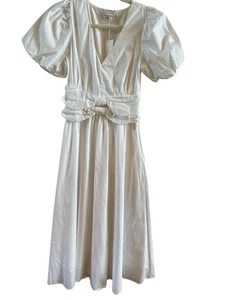 Paper Moon NWT Women’s White Cotton Midi Dress Side Zip Puff Sleeves Double Bows - Picture 1 of 6